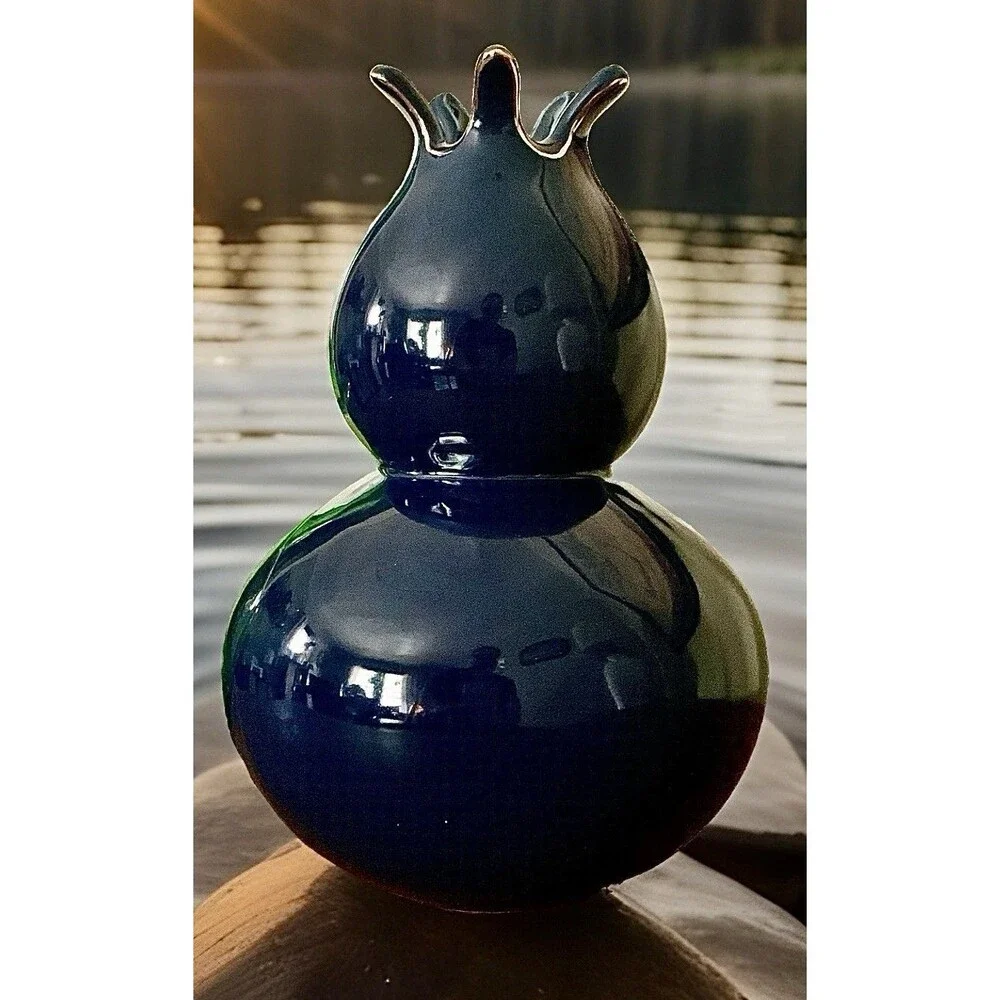 Cobalt Blue Gourd Vase Glossy Pomegranate Ceramic Dark Academia Mood Maximalist